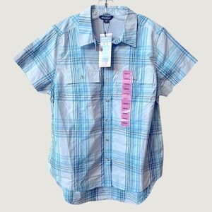 Eddie Bauer Womens Adventure Shirt Blue Plaid UPF 50 Short Sleeve Small NWT